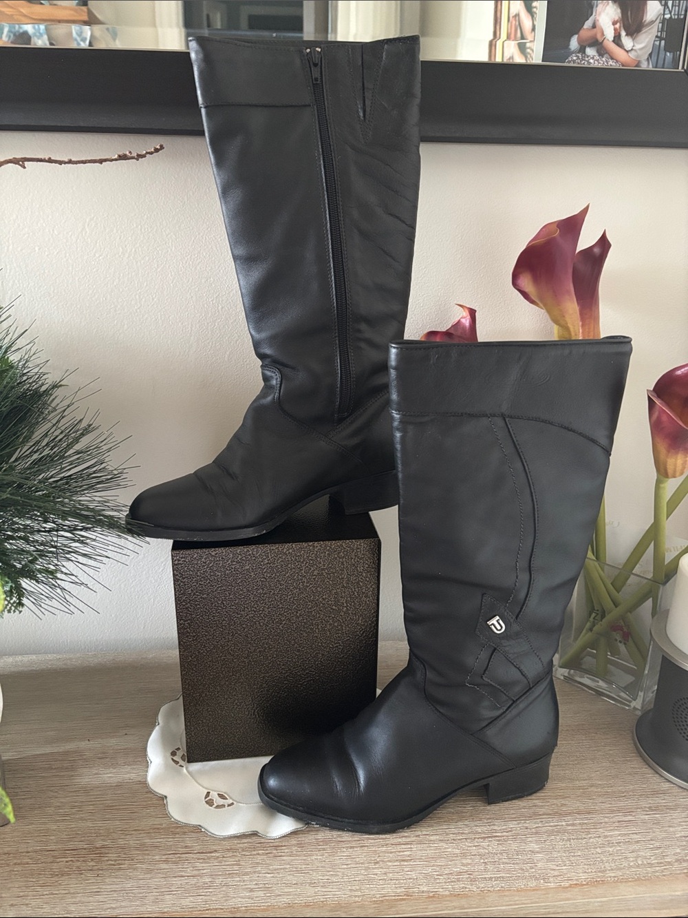 Classic Black Mid-Calf Leather Heeled Boots